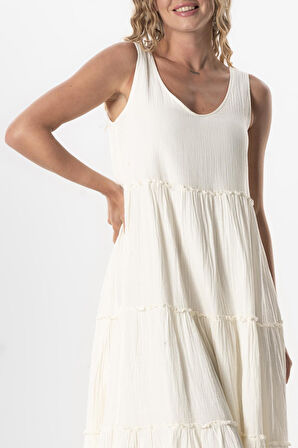 Kolsuz Artemis Oval Yaka Yıldız Baskılı Midi Boy Müslin Yazlık Elbise Kırık Beyaz KrkByz