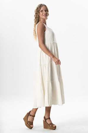 Kolsuz Artemis Oval Yaka Yıldız Baskılı Midi Boy Müslin Yazlık Elbise Kırık Beyaz KrkByz