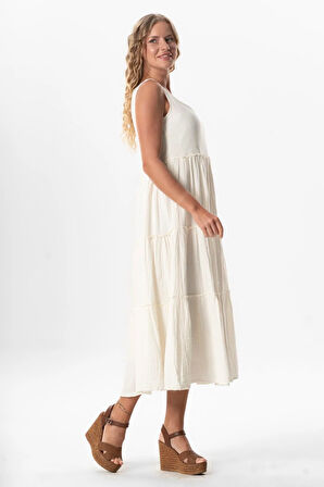 Kolsuz Artemis Oval Yaka Yıldız Baskılı Midi Boy Müslin Yazlık Elbise Kırık Beyaz KrkByz