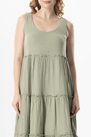 Kolsuz Artemis Oval Yaka Yıldız Baskılı Midi Boy Müslin Yazlık Elbise Zeytin Yeşili Zytnysl