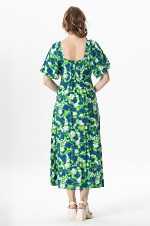 Kısa Kol Viskon Almeda Kare Yaka Yırtmaçlı Uzun Elbise Soyut Çimen Yşl Syt çmn