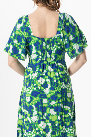 Kısa Kol Viskon Almeda Kare Yaka Yırtmaçlı Uzun Elbise Soyut Çimen Yşl Syt çmn