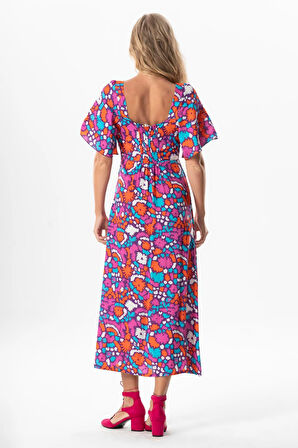 Kısa Kol Viskon Almeda Kare Yaka Yırtmaçlı Uzun Elbise Soyut Mor Syt mor