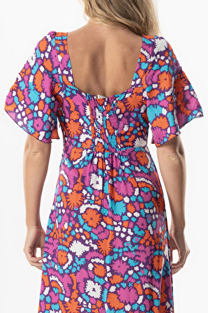 Kısa Kol Viskon Almeda Kare Yaka Yırtmaçlı Uzun Elbise Soyut Mor Syt mor