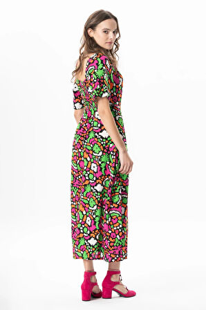 Kısa Kol Viskon Almeda Kare Yaka Yırtmaçlı Uzun Elbise Soyut Siyah Syt syh