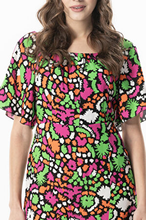 Kısa Kol Viskon Almeda Kare Yaka Yırtmaçlı Uzun Elbise Soyut Siyah Syt syh