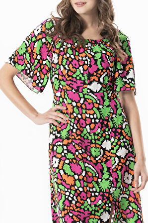 Kısa Kol Viskon Almeda Kare Yaka Yırtmaçlı Uzun Elbise Soyut Siyah Syt syh