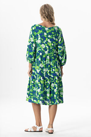 Yarım Kol Viskon Esin V Yaka Midi Boy Yazlık Elbise Soyut Çimen Yşl Syt çmn