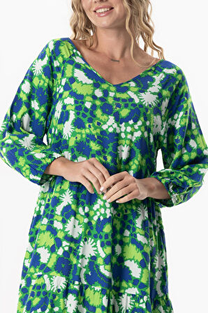 Yarım Kol Viskon Esin V Yaka Midi Boy Yazlık Elbise Soyut Çimen Yşl Syt çmn