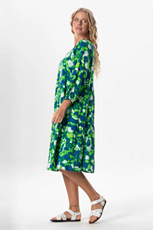 Yarım Kol Viskon Esin V Yaka Midi Boy Yazlık Elbise Soyut Çimen Yşl Syt çmn