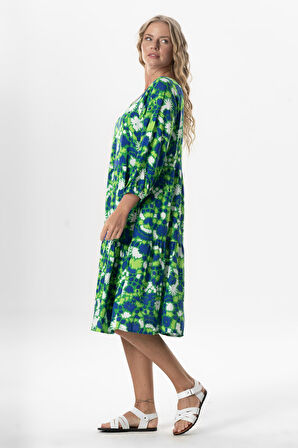 Yarım Kol Viskon Esin V Yaka Midi Boy Yazlık Elbise Soyut Çimen Yşl Syt çmn