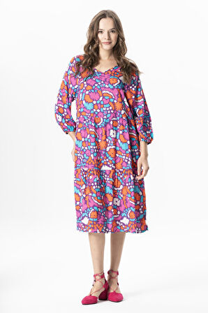 Yarım Kol Viskon Esin V Yaka Midi Boy Yazlık Elbise Soyut Mor Syt mor