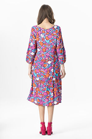 Yarım Kol Viskon Esin V Yaka Midi Boy Yazlık Elbise Soyut Mor Syt mor