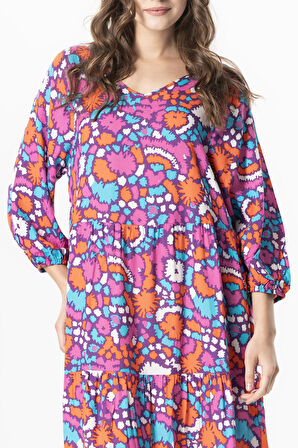 Yarım Kol Viskon Esin V Yaka Midi Boy Yazlık Elbise Soyut Mor Syt mor