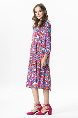 Yarım Kol Viskon Esin V Yaka Midi Boy Yazlık Elbise Soyut Mor Syt mor