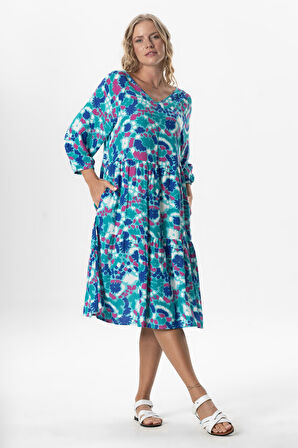 Yarım Kol Viskon Esin V Yaka Midi Boy Yazlık Elbise Soyut Nil Yeşili Syt nlysl