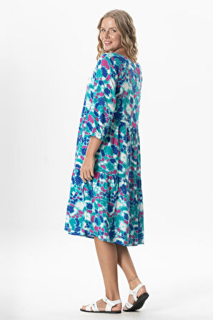 Yarım Kol Viskon Esin V Yaka Midi Boy Yazlık Elbise Soyut Nil Yeşili Syt nlysl