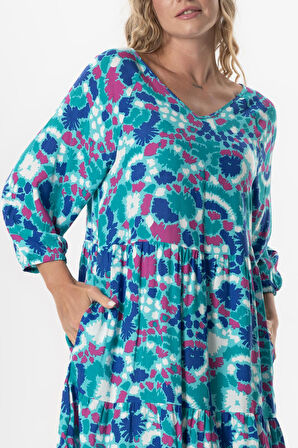 Yarım Kol Viskon Esin V Yaka Midi Boy Yazlık Elbise Soyut Nil Yeşili Syt nlysl