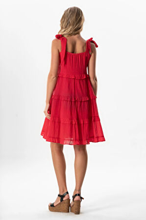 Askılı Vual Dubai Kare Yaka Kısa Yazlık Elbise Mercan Mrcn