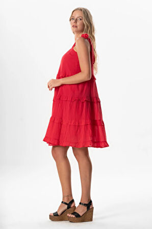 Askılı Vual Dubai Kare Yaka Kısa Yazlık Elbise Mercan Mrcn