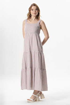 Askılı Şile Bezi Kare Yaka Tılsım Uzun Yazlık Elbise Bordo Çizgili Brdbyz