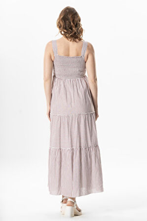 Askılı Şile Bezi Kare Yaka Tılsım Uzun Yazlık Elbise Bordo Çizgili Brdbyz