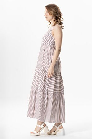 Askılı Şile Bezi Kare Yaka Tılsım Uzun Yazlık Elbise Bordo Çizgili Brdbyz