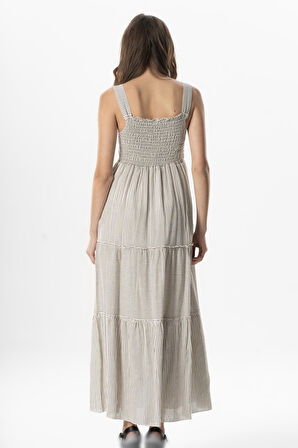 Askılı Şile Bezi Kare Yaka Tılsım Uzun Yazlık Elbise Krem Çizgili Krmsyh