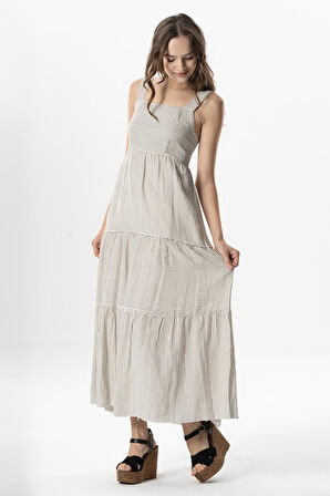 Askılı Şile Bezi Kare Yaka Tılsım Uzun Yazlık Elbise Krem Çizgili Krmsyh