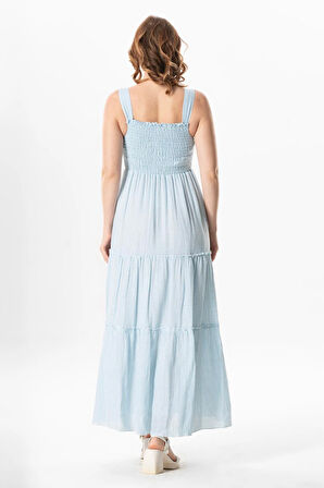 Askılı Şile Bezi Kare Yaka Tılsım Uzun Yazlık Elbise Mavi Çizgili Mvbyz