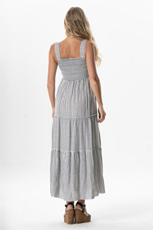 Askılı Şile Bezi Kare Yaka Tılsım Uzun Yazlık Elbise Siyah Çizgili Syhbyz