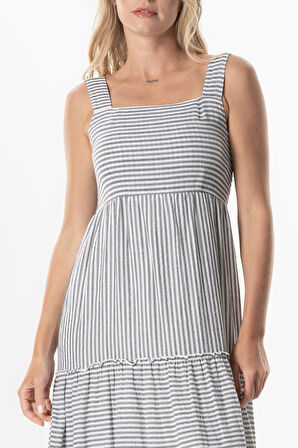 Askılı Şile Bezi Kare Yaka Tılsım Uzun Yazlık Elbise Siyah Çizgili Syhbyz