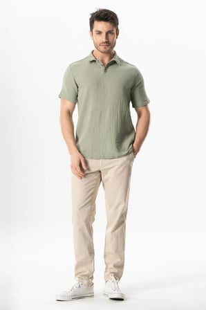Kısa Kol Polo Yaka Müslin Yazlık Tshirt Yağ Yeşili Ygysl
