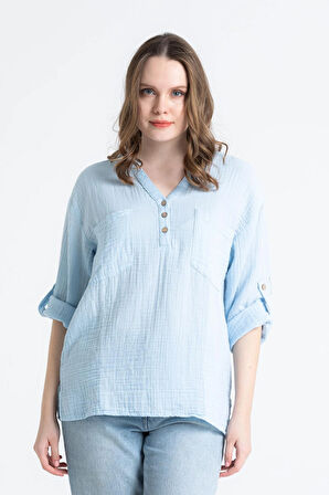Uzun Kol Asu Yazlık Müslin Bluz Buz Mavi Bmv