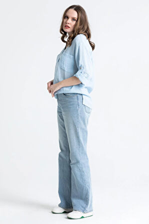 Uzun Kol Asu Yazlık Müslin Bluz Buz Mavi Bmv