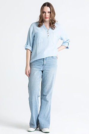 Uzun Kol Asu Yazlık Müslin Bluz Buz Mavi Bmv