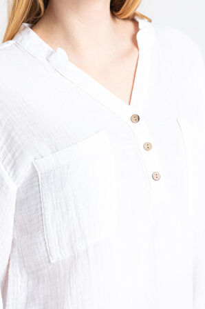 Uzun Kol Asu Yazlık Müslin Bluz Beyaz Byz