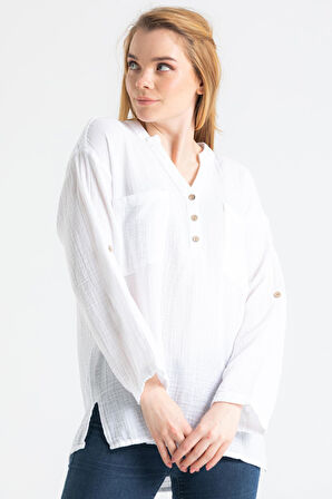 Uzun Kol Asu Yazlık Müslin Bluz Beyaz Byz