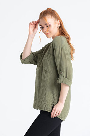 Uzun Kol Asu Yazlık Müslin Bluz Haki Hk