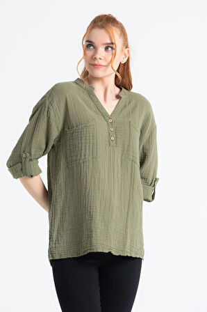 Uzun Kol Asu Yazlık Müslin Bluz Haki Hk