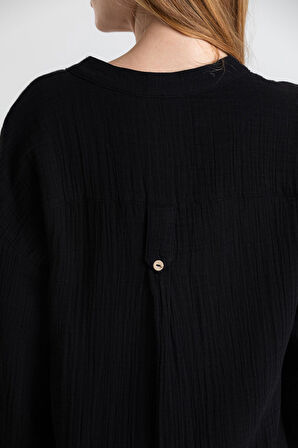 Uzun Kol Asu Yazlık Müslin Bluz Siyah Syh