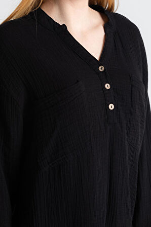 Uzun Kol Asu Yazlık Müslin Bluz Siyah Syh