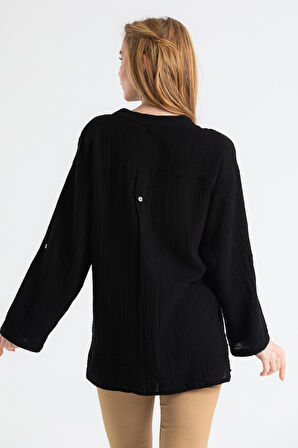 Uzun Kol Asu Yazlık Müslin Bluz Siyah Syh