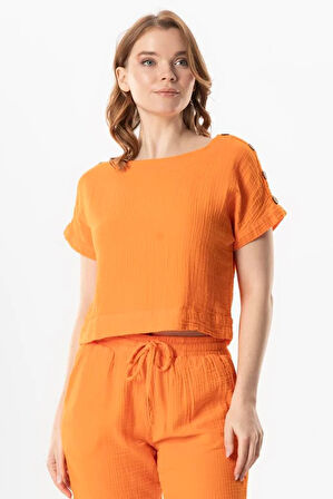 Kısa Kol İzel Yazlık Müslin Bluz Turuncu Trnc