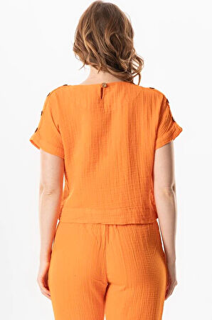 Kısa Kol İzel Yazlık Müslin Bluz Turuncu Trnc