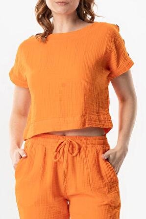 Kısa Kol İzel Yazlık Müslin Bluz Turuncu Trnc