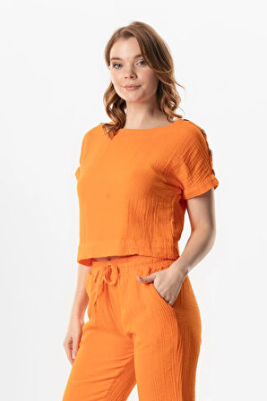 Kısa Kol İzel Yazlık Müslin Bluz Turuncu Trnc
