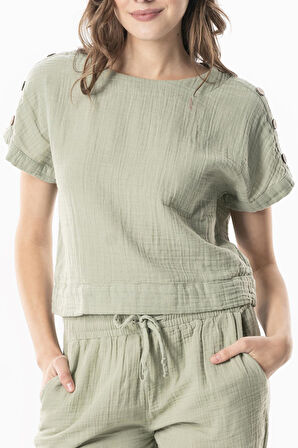 Kısa Kol İzel Yazlık Müslin Bluz Zeytin Yeşili Zytnysl