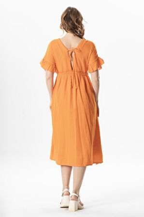 Kısa Kol Büzgülü Afra Midi Boy Yazlık Müslin Elbise Turuncu Trnc