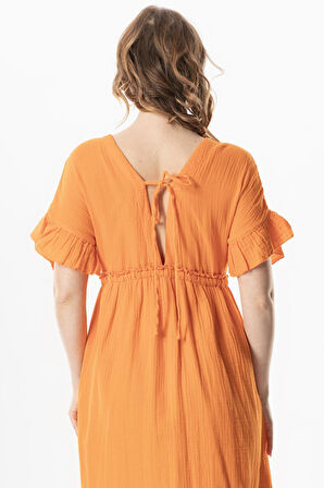 Kısa Kol Büzgülü Afra Midi Boy Yazlık Müslin Elbise Turuncu Trnc